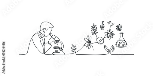 Scientist observing microscopic elements with plants and beaker