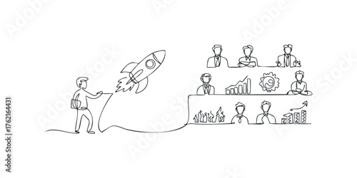 Man launching rocket with team and graph data