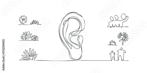 Continuous line art ear and abstract flora figures