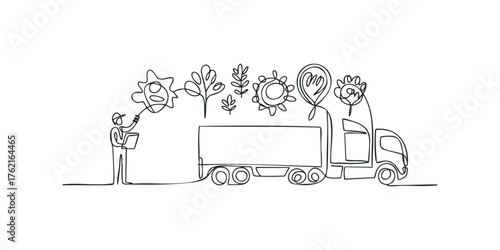 Continuous line art of a person loading organic shapes into a truck