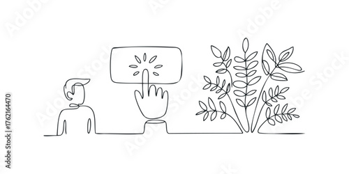Person interacts with a digital screen next to plant