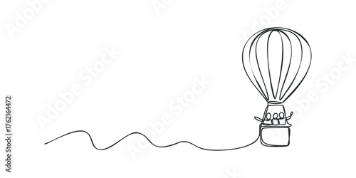 Simple continuous line drawing of a hot air balloon with people in basket
