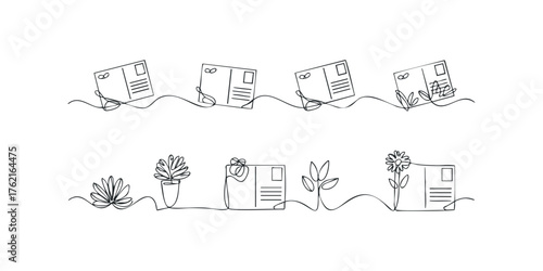 Single Line Drawing of Postcards with Plants and Flowers
