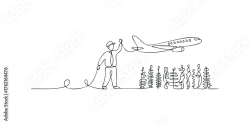 Man with Hat Pulling Airplane with Rope Over Abstract Plants