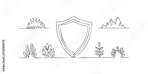 Single line drawing shield with abstract plant elements