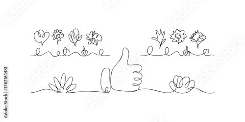 Minimalist Line Art with Thumbs Up and Botanical Elements
