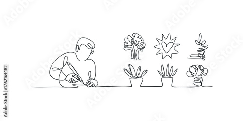 Person drawing plant icons and sun with single continuous line