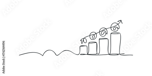 Line drawing of rising bar chart with ascending arrow