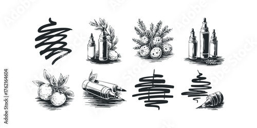Hand Drawn Ink Markers and Botanical Elements Collection