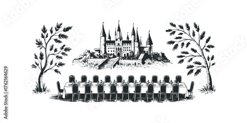 Grand banquet hall setup before event with castle background