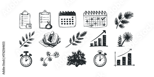 Collection of Hand Drawn Icons Representing Tasks and Growth