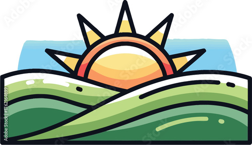 Sunrise over rolling green hills in a peaceful countryside landscape scene