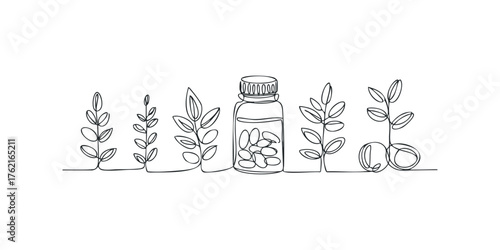 Line drawing of a pill bottle and leaves
