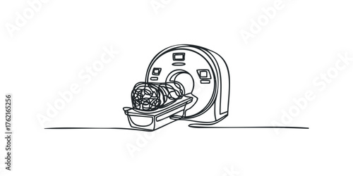 MRI machine scanning a stylized brain