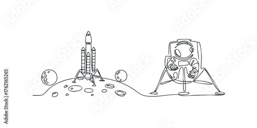 Astronaut and Rocket on Lunar Surface Line Art