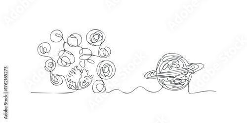 Abstract continuous line drawing of swirling shapes and planetary form