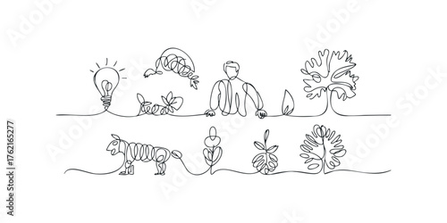 Continuous line drawing of diverse natural and human elements