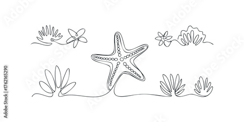 Marine life collection with continuous line drawing of starfish
