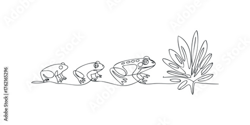 Three frog line drawing approaching leafy plant