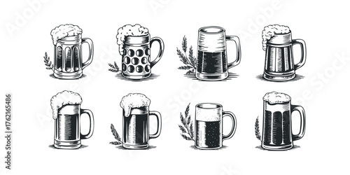 Collection of vintage style beer mugs with foam and barley