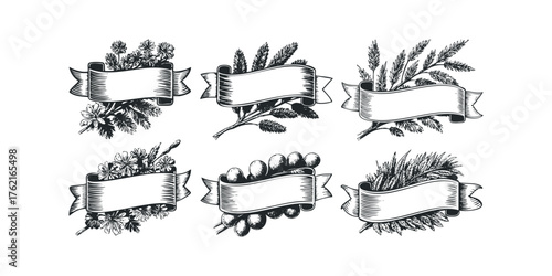 Set of Six Decorative Ribbons with Floral and Grain Embellishments