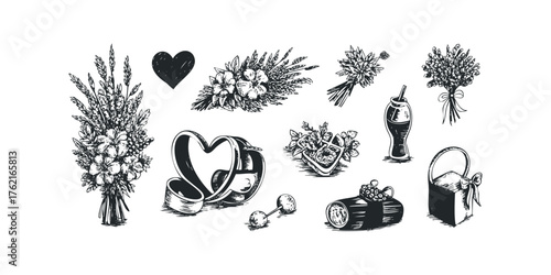 Hand Drawn Sketch of Floral Bouquets and Romantic Symbols