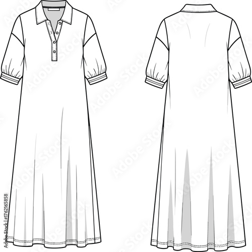 A-line dress technical sketch, puff sleeve fashion flat, garment design template, collared dress vector, cad drawing flat vector illustration