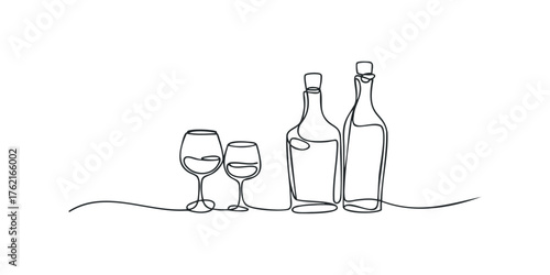 Two wine glasses and two bottles drawn with a single continuous line