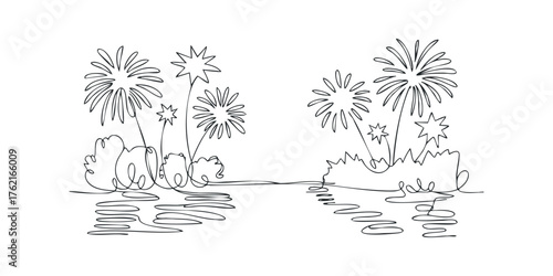 Continuous line drawing of exploding fireworks above reflective water