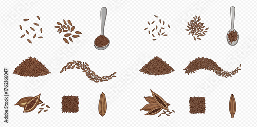 Illustration of flax seeds, flax powder, and flaxseed oil in a spoon and capsule.