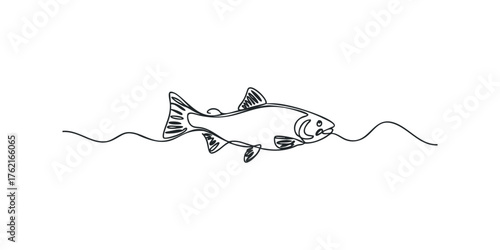 Continuous line drawing of a fish swimming in wavy water