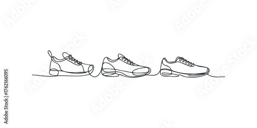 Three athletic sneakers depicted in continuous line drawing style