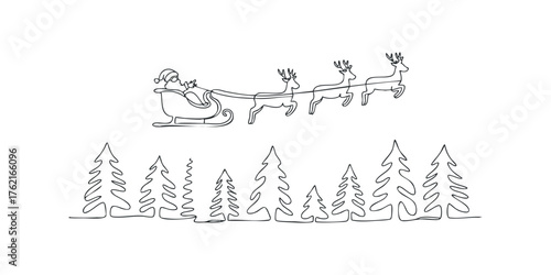 Santa in Sleigh Pulled by Reindeer Over Pine Trees