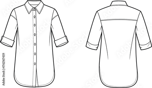 Button-up shirt technical fashion sketch, front and back view, rolled sleeve, pointed collar, curved hem, cad drawing flat vector illustration