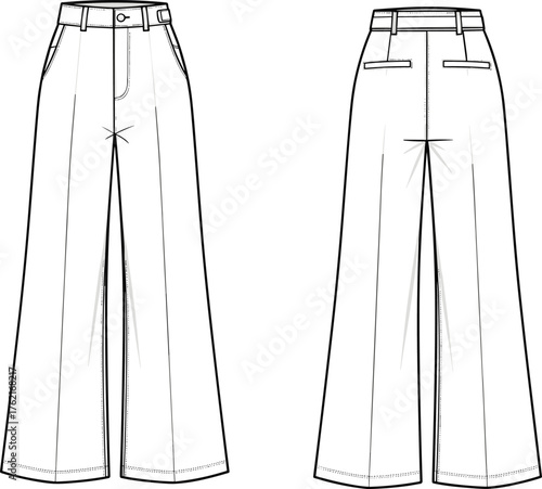 Cad drawing flat vector illustration, technical sketch of wide-leg trousers, fashion design template, garment construction, high waist pants, sewing pattern