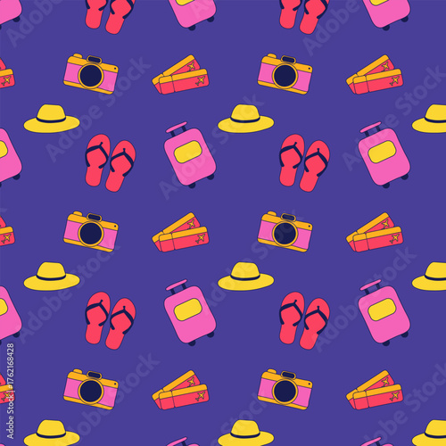 A colourful, seamless pattern on a blue background features travel items such as pink suitcases, cameras, yellow sun hats, red flip flops, and luggage with aeroplane stickers.
