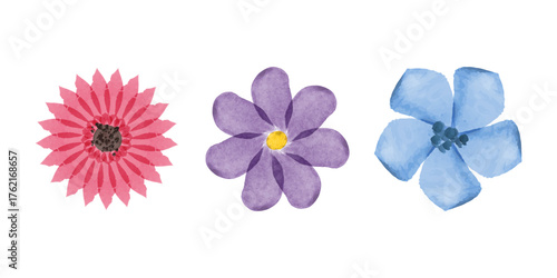 Set of three watercolor illustrations of flowers. Pink, purple and blue blooms stand against a white background. Vector file available for environmental conservation infographics.