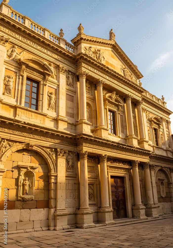Naklejka premium Ancient Roman Architecture Building Exterior With Yellow And Orange Stone Facade