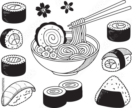 Assorted sushi and noodles illustration, Japanese cuisine with seafood in black and white doodle style food related background is 130 chars