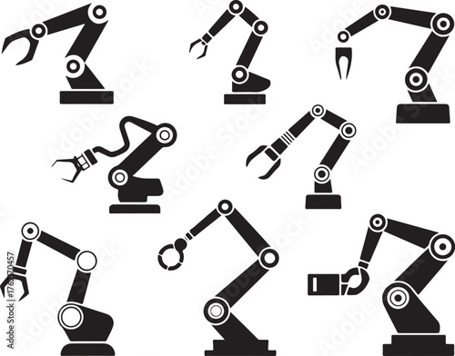 Set of Robotic Arms Silhouette with Different End Effectors for Manufacturing Technology Assembly Line Exactly 130 Characters Limit