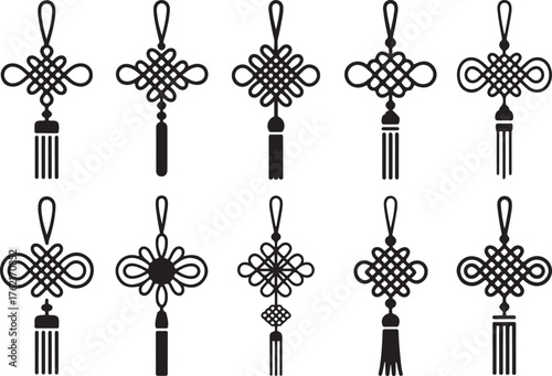 Chinese Knot Decorative Ornament Black Silhouette Isolated on Transparent Background Symbol of Good Luck Prosperity Asian Cultural Heritage