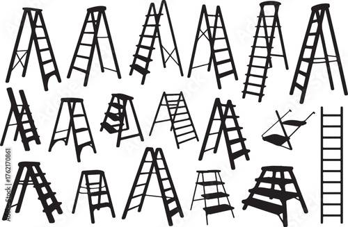 Set of Black Silhouette Ladders Isolated on Transparent Background Construction Concept with Steps Plank Platform Tool Step Ladder