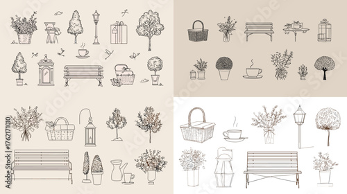 Delicate park and garden line drawings with benches, trees, lamps, and flower pots. Ideal for outdoor, botanical, or nature illustration design projects.