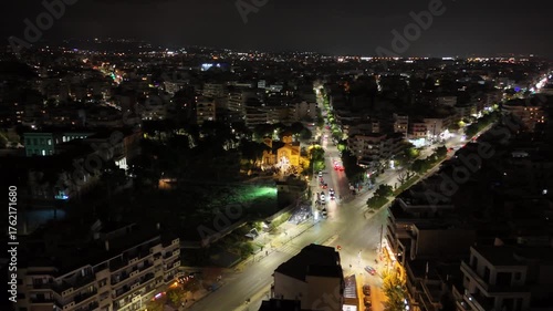 Night aerial drone view of Thessaloniki city, Greece, in autumn