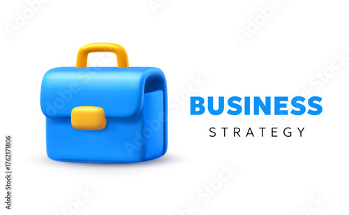 Vector illustration of blue color business brief case icon with word. 3d cartoon style template design of office work briefcase with text space. Male work bag for portfolio and document with lock