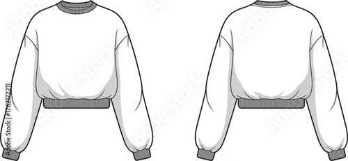 Cropped sweatshirt front and back view, oversized fit fashion sketch, garment template, cad drawing flat vector illustration, apparel design