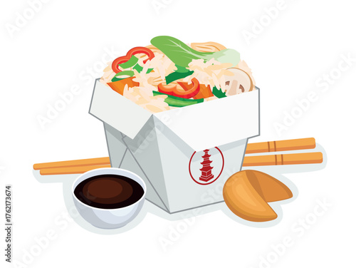 Chicken chop suey with rice in a take out box, fortune cookie and chopsticks vector illustration. Chinese food takeaway box with rice and chicken icon on a white background. Asian food box drawing