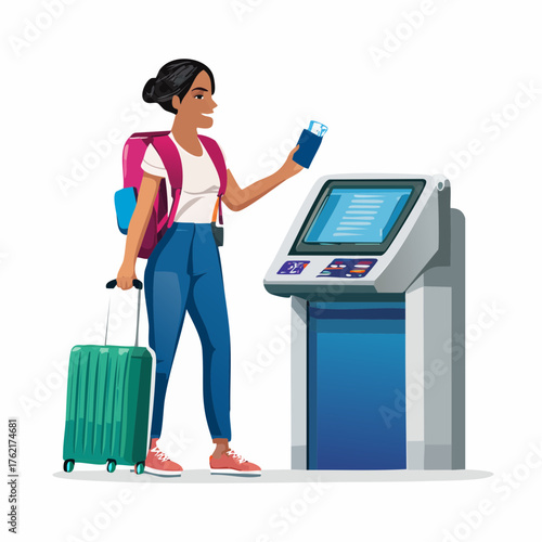 Woman with luggage and passport at self-service check-in kiosk, modern travel technology illustration