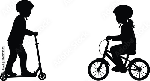  Children riding bicycle and scooter silhouette, outdoor activity vector, helmet safety illustration
