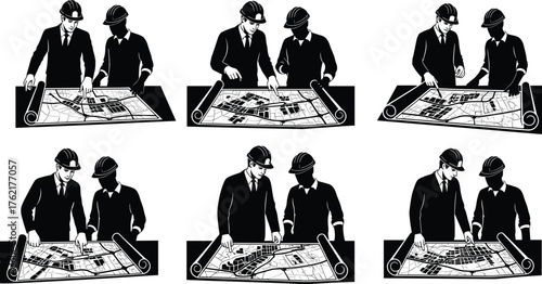 Silhouette vector illustration of architects and engineers with hard hats reviewing blueprints on tables, teamwork, planning, supervision, construction, collaboration, and industry